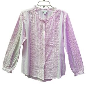 Sundance Pink Swiss Dot Lace Trim Ruffle Neck Button Up Blouse Shirt Size L